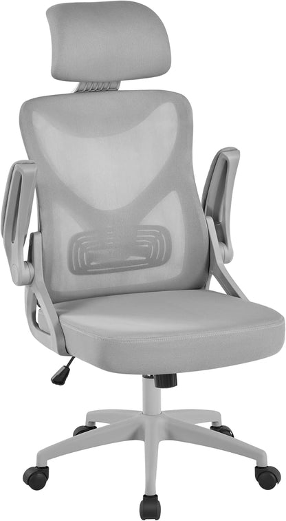 Ergonomic Mesh Office Chair, High Back Desk Chair with with Flip-Up Armrests, Adjustable Padded Headrest Computer Chair with Lumbar Support for Home Oiffce Game Room, White/Gray