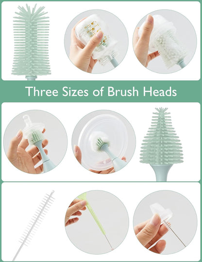 Bottle Brush Kit, Innovative Push-Press Design for Better Cleaning - Baby Bottle Cleaner Brush for Baby Bottle, Breast Pumps, Nipples, and More - Can Generate Foam for Better Cleaning, Green