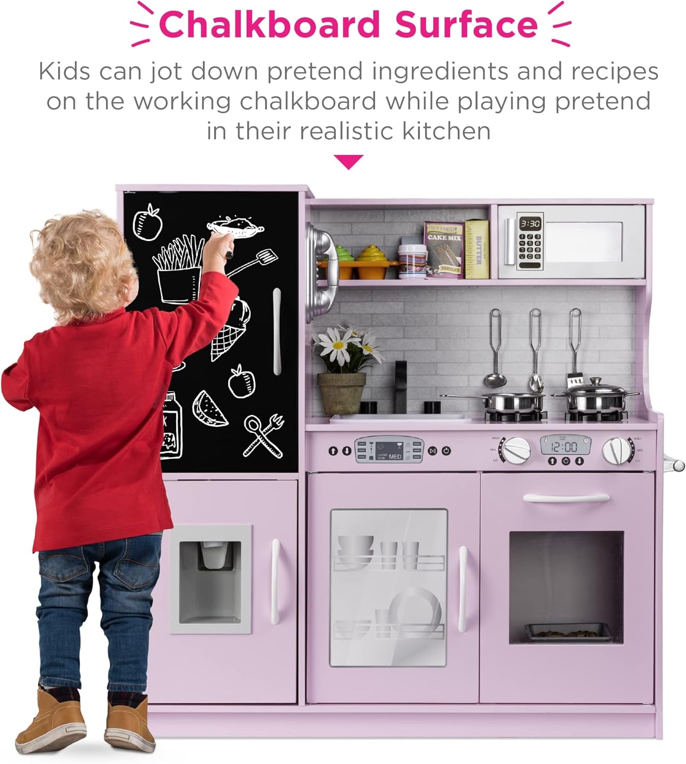 Pretend Play Kitchen Wooden Toy Set for Kids W/Realistic Design, Telephone, Utensils, Oven, Microwave, Sink - Pink