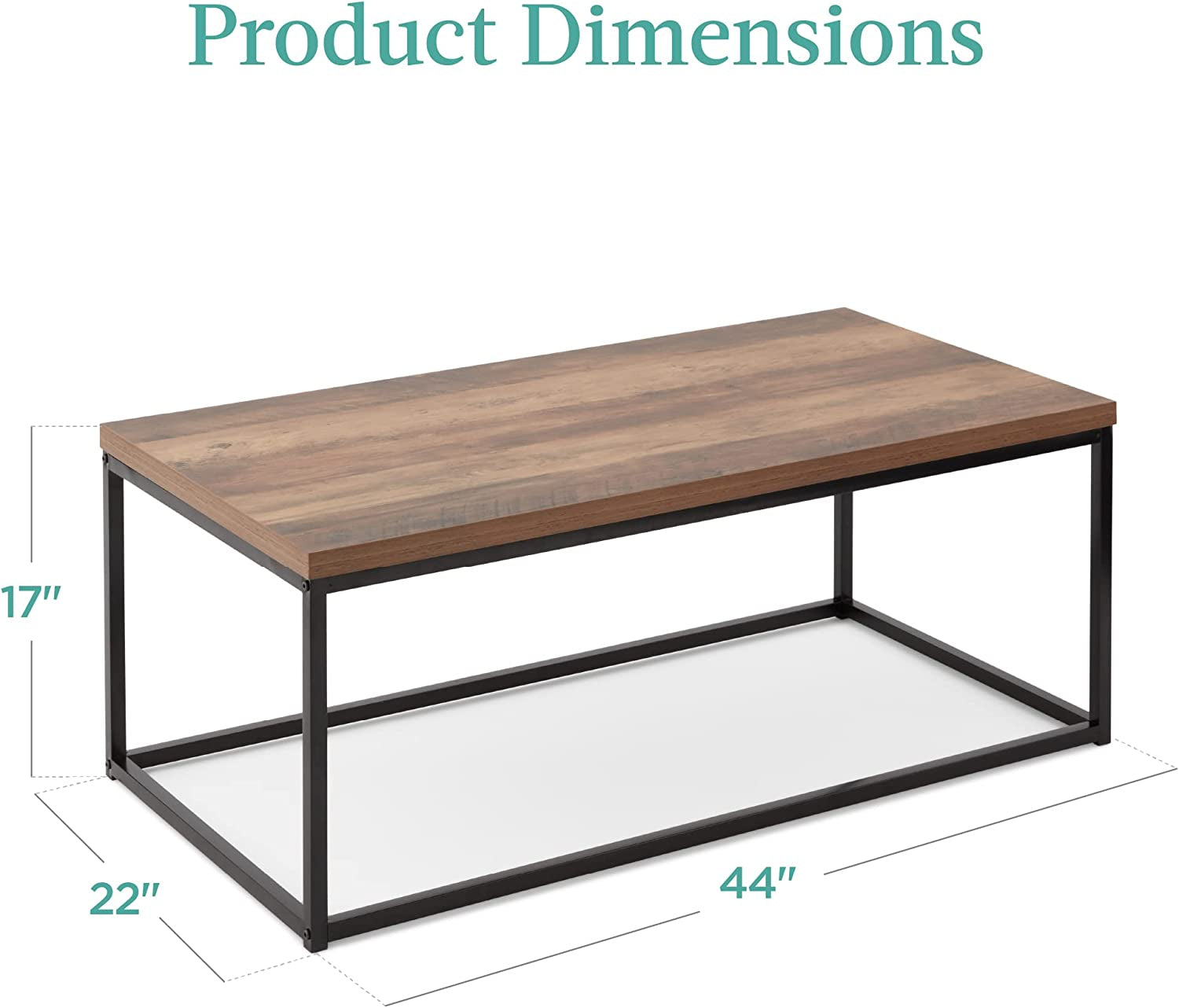 44In Modern Industrial Style Rectangular Wood Grain Top Coffee Table, Rustic Accent Furniture for Living Room W/Metal Frame, 1.25In Thick Butcher Block Tabletop - Brown