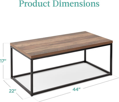 44In Modern Industrial Style Rectangular Wood Grain Top Coffee Table, Rustic Accent Furniture for Living Room W/Metal Frame, 1.25In Thick Butcher Block Tabletop - Brown