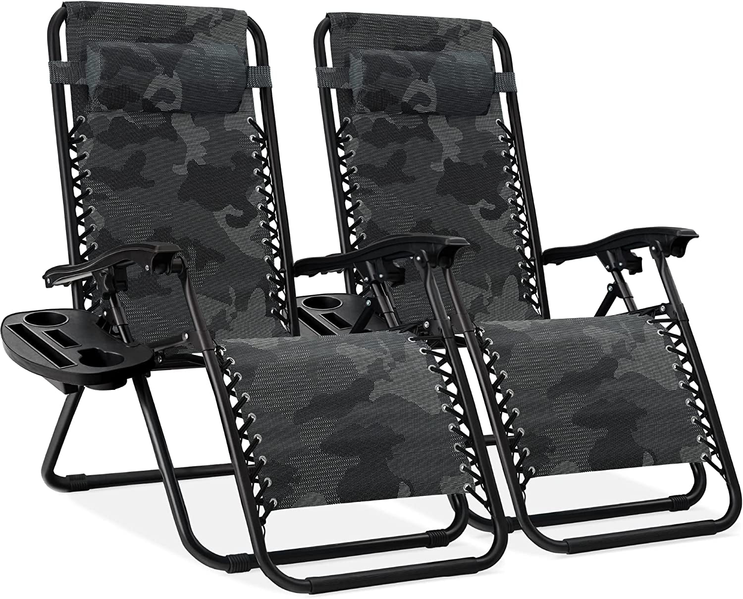 Set of 2 Adjustable Steel Mesh Zero Gravity Lounge Chair Recliners W/Pillows and Cup Holder Trays - Black