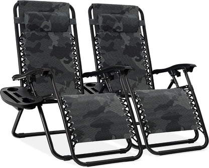 Set of 2 Adjustable Steel Mesh Zero Gravity Lounge Chair Recliners W/Pillows and Cup Holder Trays - Black