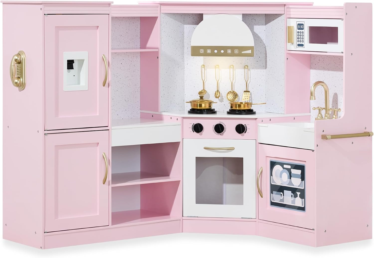 Pretend Play Corner Kitchen, Ultimate Interactive Wooden Kids Playset W/Lights &amp; Sounds, Ice Maker, Hood - Farmhouse White