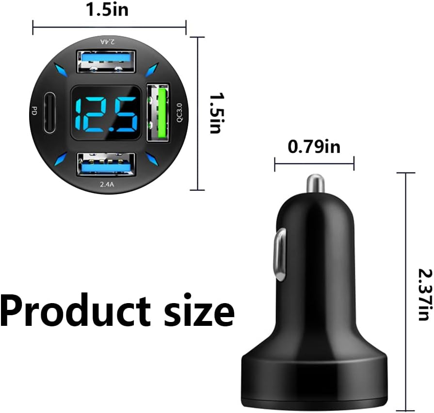 Car Charger 66W Super Fast Charging with USB PD&amp;QC 3.0(Voltmeter&amp;Led Lights) Universal Quick Charge for 12-24V Car Cigarette Lighter Plug,Compatible with Iphone 14 13 12,S22 S21 S20,Ipad(Black)