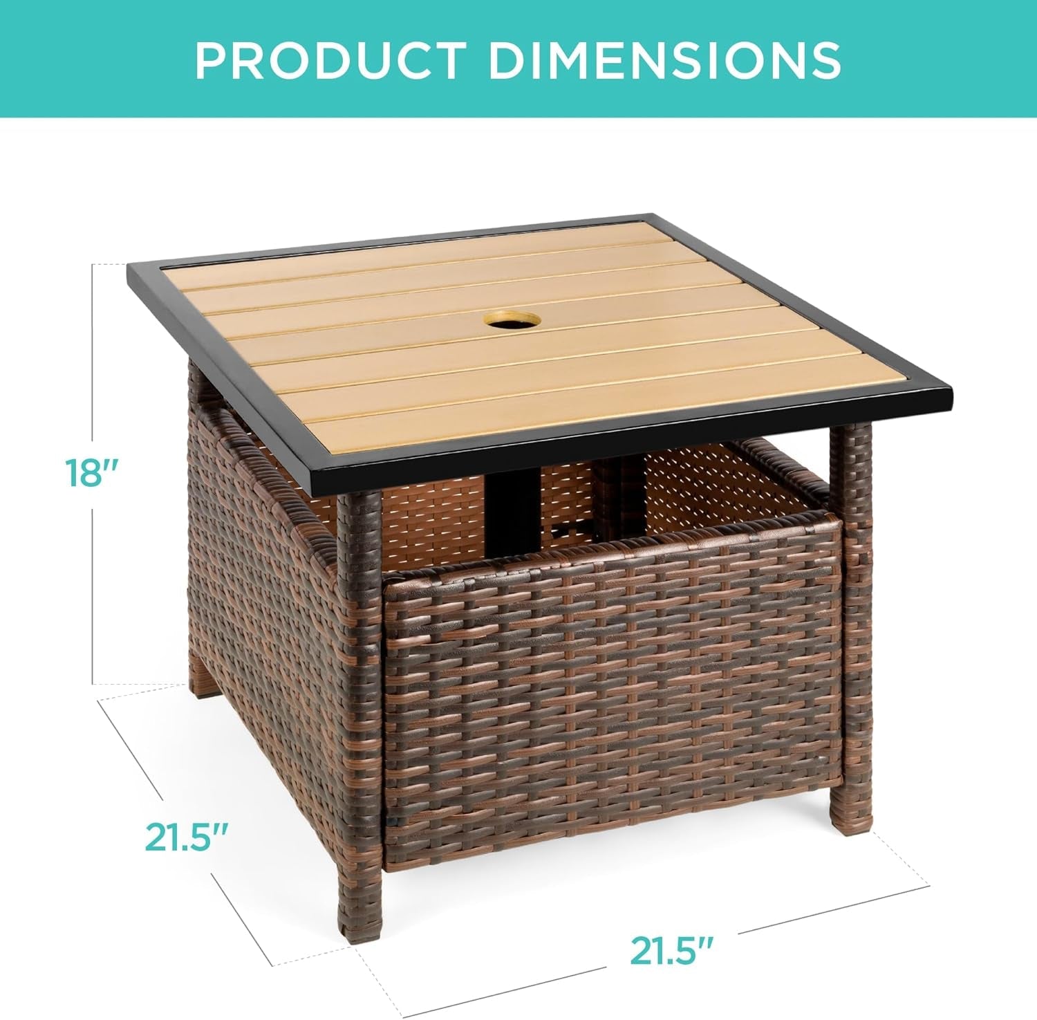 Wicker Side Table with Umbrella Hole, Square PE Rattan Outdoor End Table for Patio, Garden, Poolside, Deck W/Uv-Resistant Frame, Storage Space - Brown