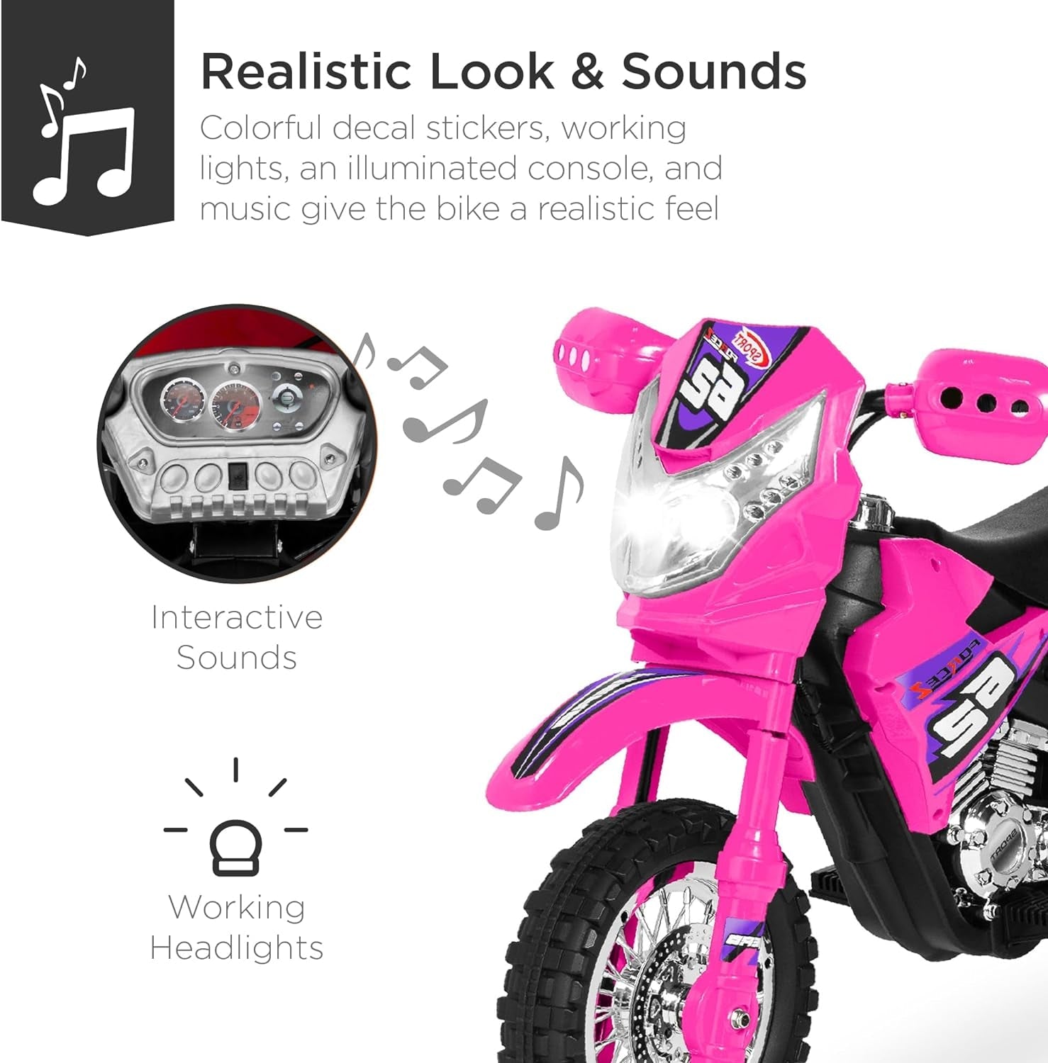 Kids 6V Ride on Motorcycle W/Treaded Tires, Working Headlights, 2Mph Top Speed, Training Wheels, Realistic Sounds, Music, Battery Charger - Hot Pink