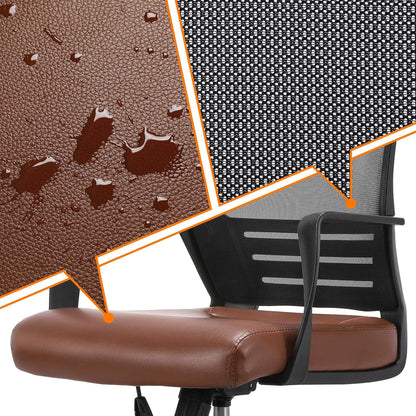 Ergonomic Home Office Chair Leather and Mesh Combine Desk Chair Rolling Swivel Adjustable Mesh Chair with Lumbar Support and Armrests for Office and Home, Brown