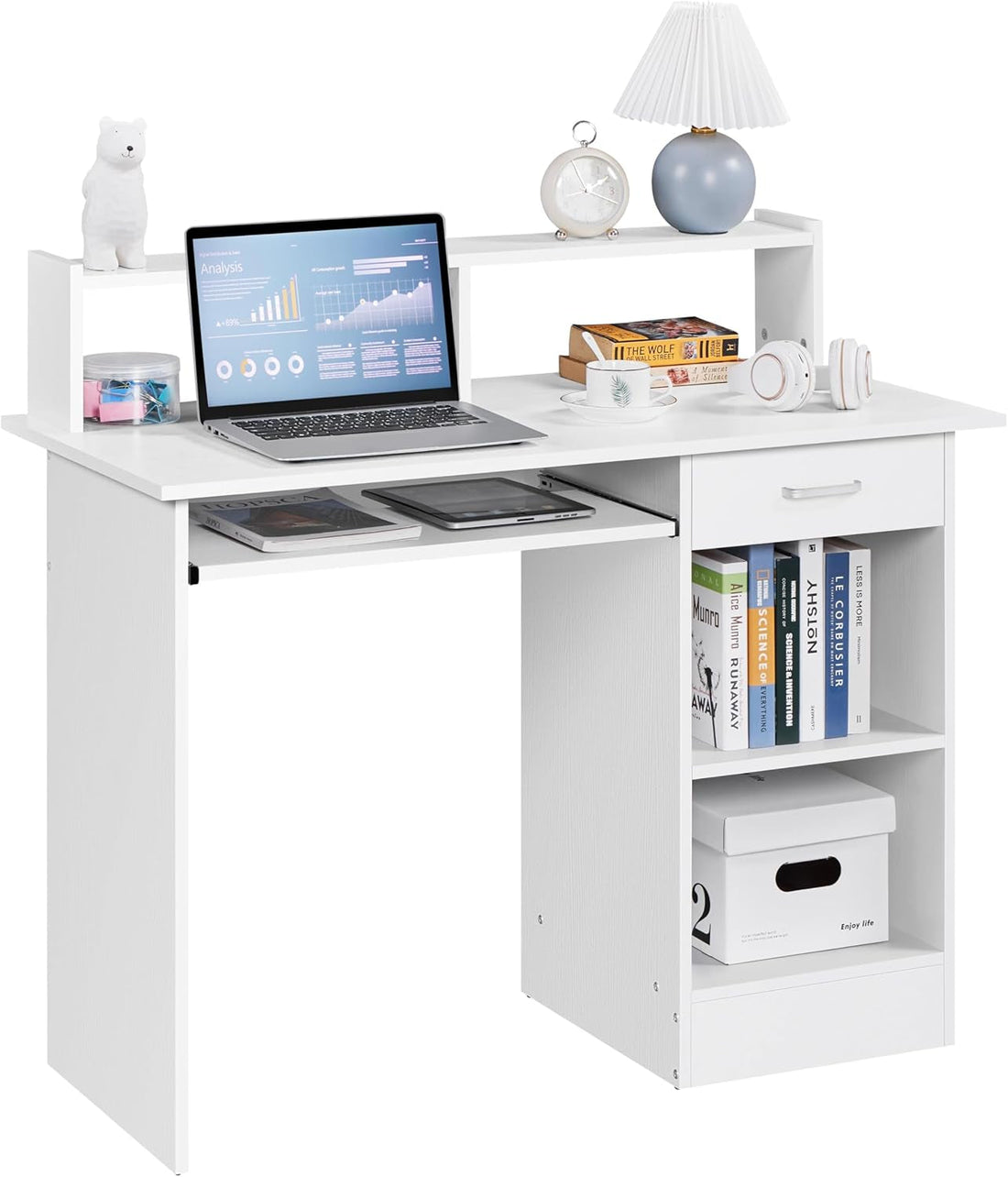 Home Office Wood Computer Desk with Keyboard Tray and Drawers, Students Writing Table with Storage Drawers &amp; Hutch, Modern PC Laptop Desk, Multifunctional Workstation, White