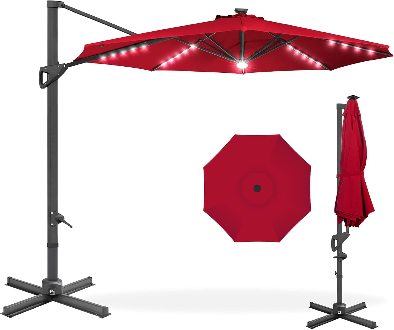 10Ft Solar LED Cantilever Patio Umbrella, 360-Degree Rotation Hanging Offset Market Outdoor Sun Shade for Backyard, Deck, Poolside W/Lights, Easy Tilt, Cross Base