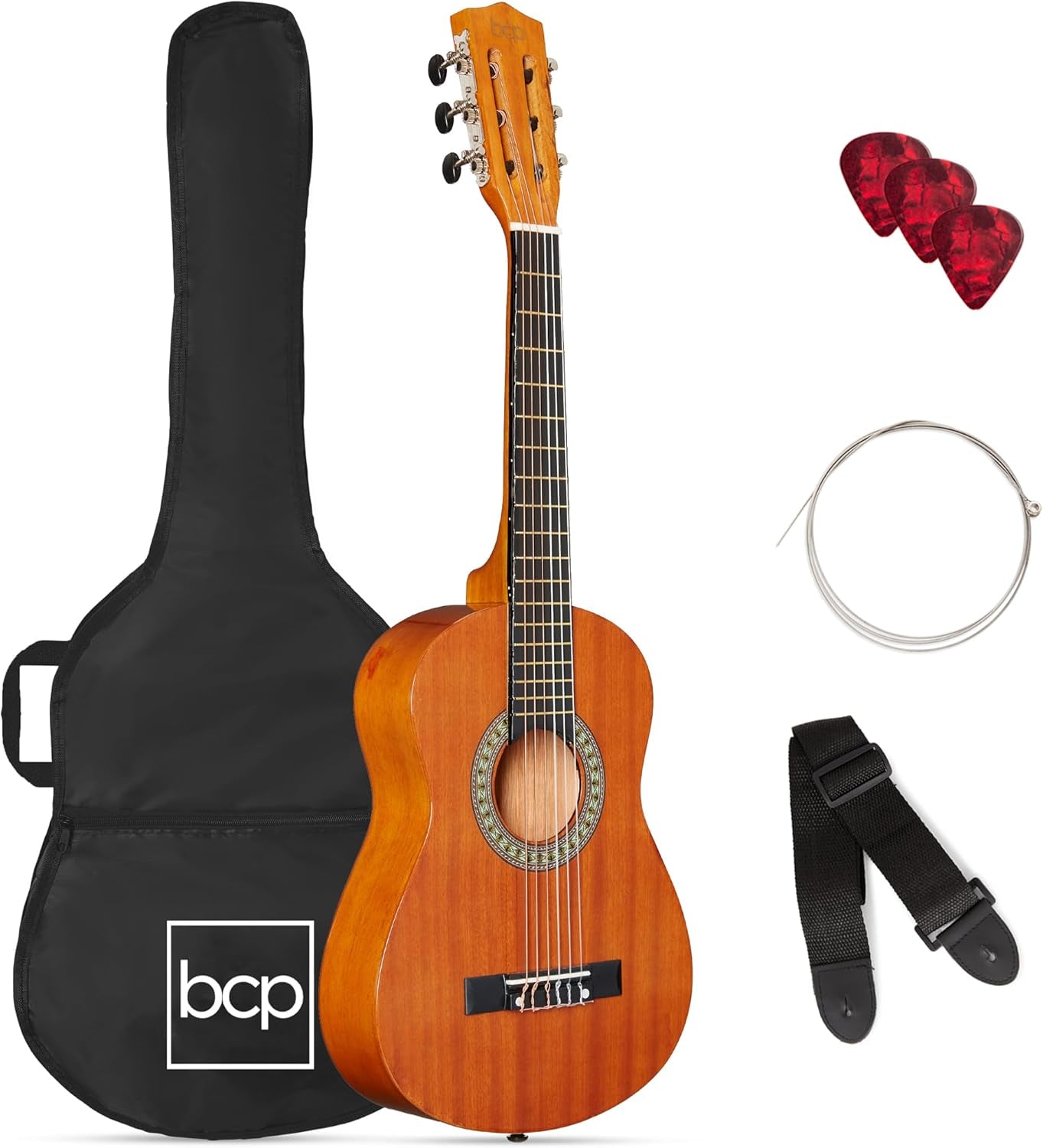 38In Beginner All Wood Acoustic Guitar Starter Kit W/Gig Bag, 6 Celluloid Picks, Nylon Strings, Capo, Cloth, Strap W/Pick Holder - Matte Black