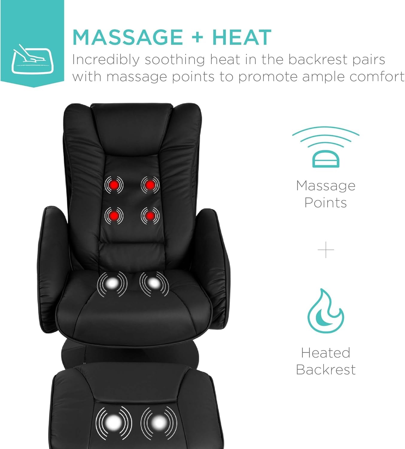 Faux Leather Electric Massage Recliner W/Stool Footrest Ottoman, Remote Control, 5 Heat &amp; Massage Modes, Side Pockets - Black