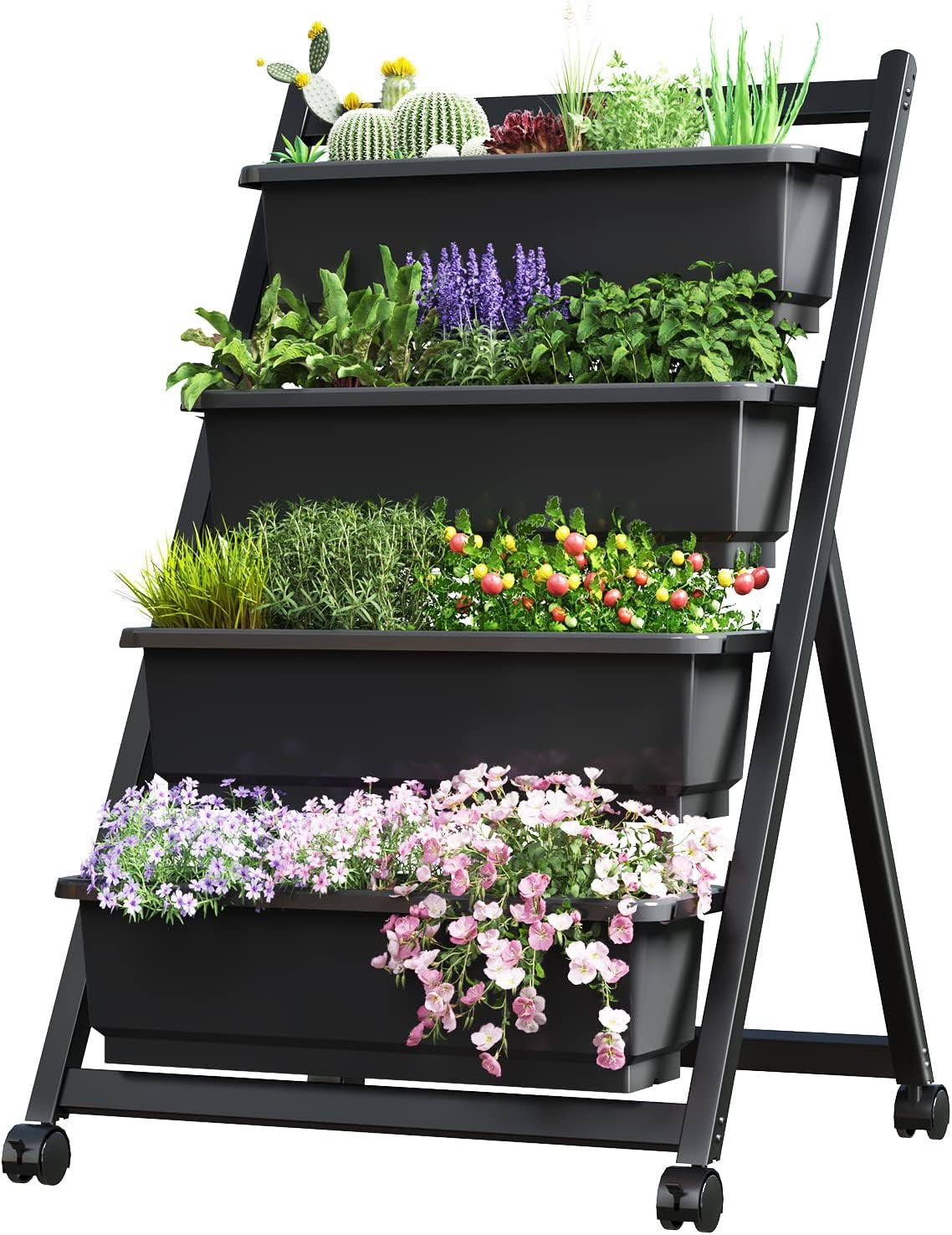 Vertical Raised Garden Bed W/Wheels,4 Tiers Freestanding Vertical Garden Planters with Lockable Caster Wheels and 4 Drainage Boxes, Fit to Grow Vegetables Flowers on Patio Balcony Garden