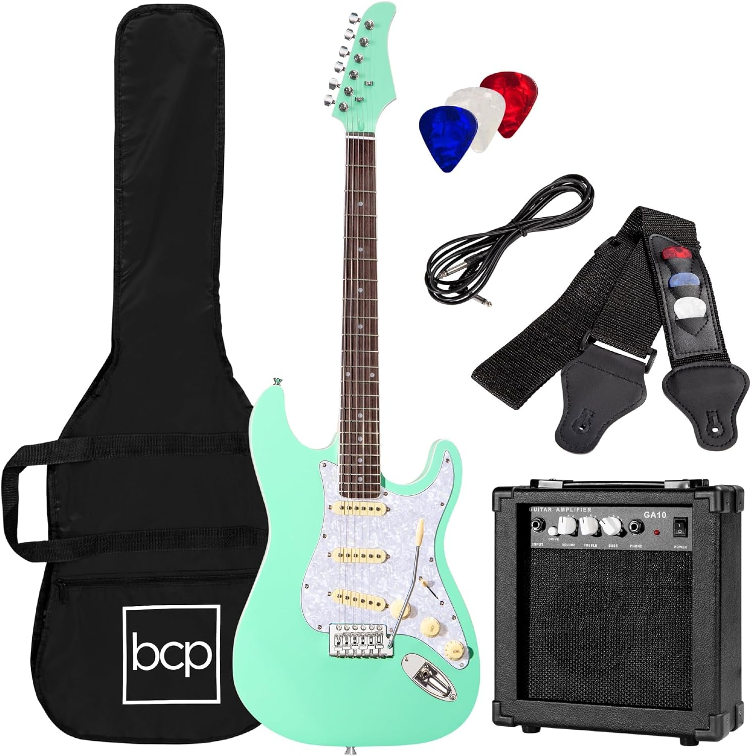 39In Full Size Beginner Electric Guitar Starter Kit W/Case, Strap, 10W Amp, Strings, Pick, Tremolo Bar - Jet Black