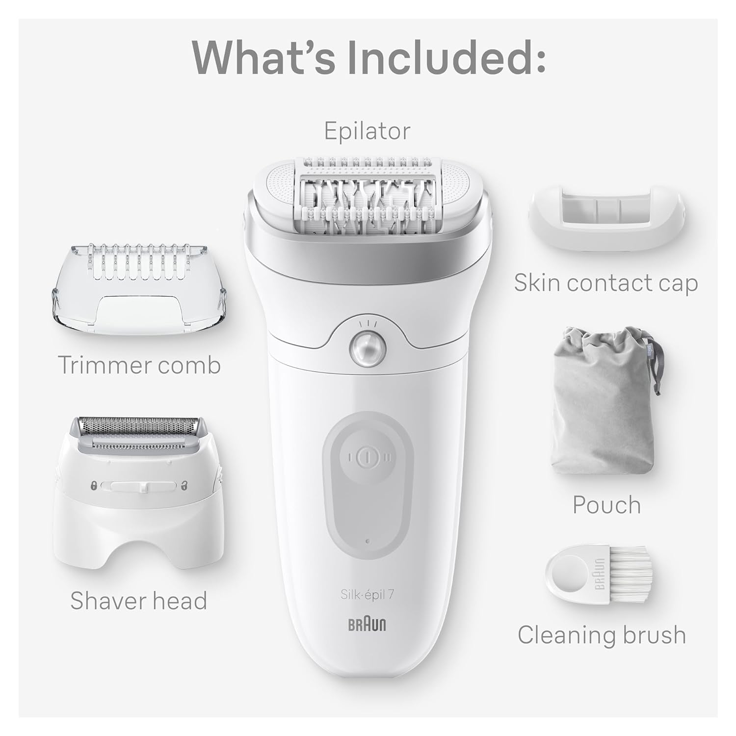 Epilator Silk-Épil 7, Hair Removal Device, Women Shaver &amp; Trimmer, Wet and Dry, Wide Head, Includes Shaver Head and Trimmer Comb, SE7-041, Silver