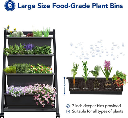 Vertical Raised Garden Bed W/Wheels,4 Tiers Freestanding Vertical Garden Planters with Lockable Caster Wheels and 4 Drainage Boxes, Fit to Grow Vegetables Flowers on Patio Balcony Garden