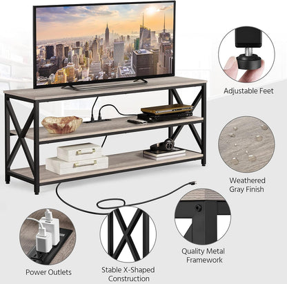 TV Stand for TV up to 65 Inch, Media Entertainment Center with Power Outlets &amp; 3 Tier Storage Shelves, 55 Inches TV Console Table for Living Room, Bedroom, Gray