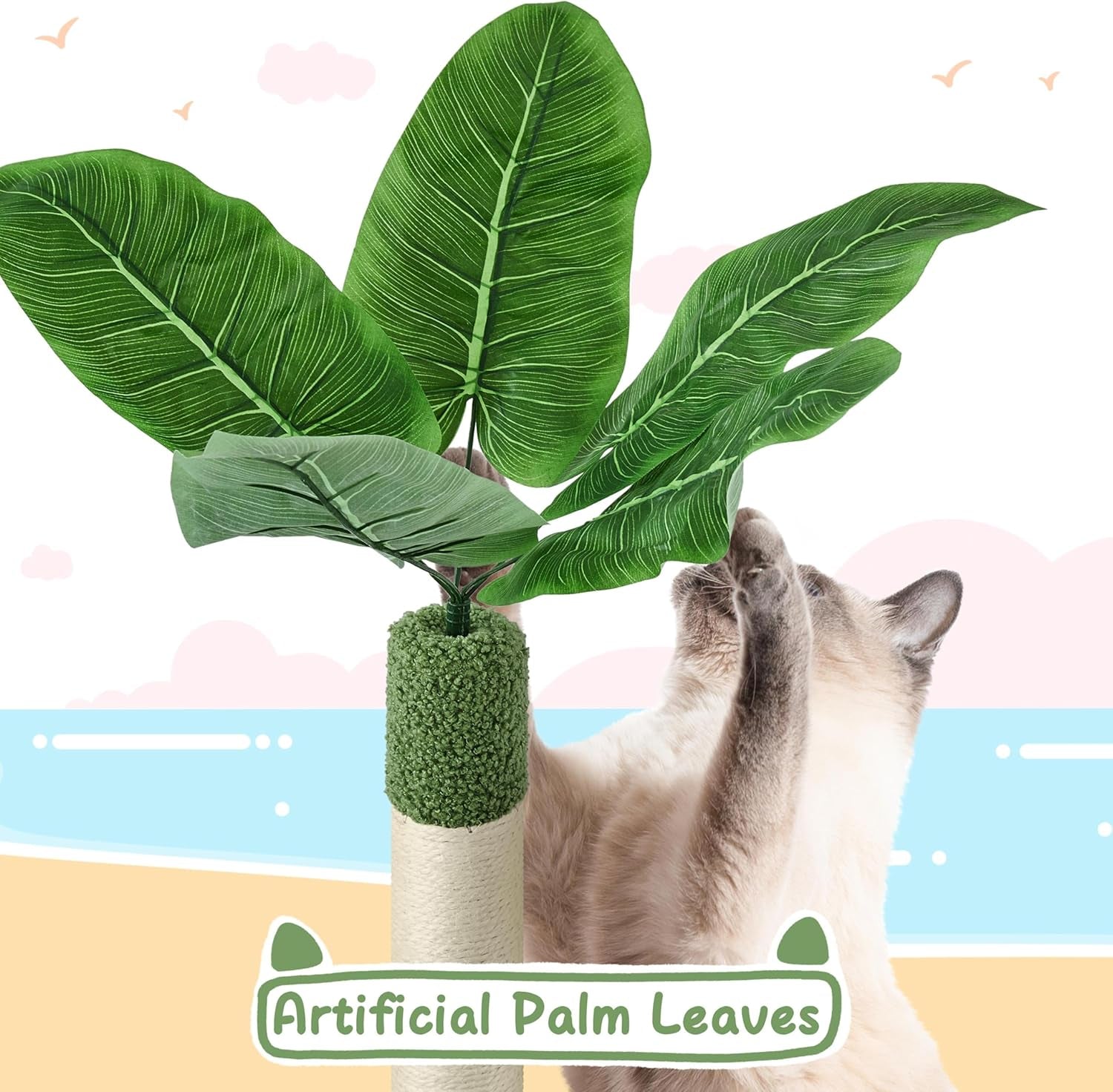 59In Palm Cat Tree, Cute Cat Tower W/Green Palm Frond, Spacious Platform, Double-Level Cat Condo, Scratching Posts, Fluffy Balls for Cat Kitty, Multi-Level Large Cat Tree for Indoor Cats