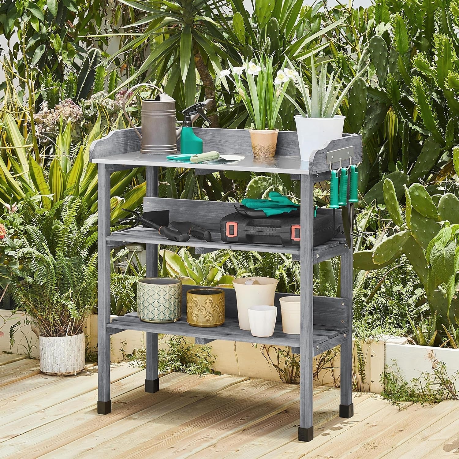 Garden Potting Table Horticulture Potting Bench W/Storage Shelf W/Metal Tabletop W/Hook 3 Shelves Workstation Work Benches Station, Gray