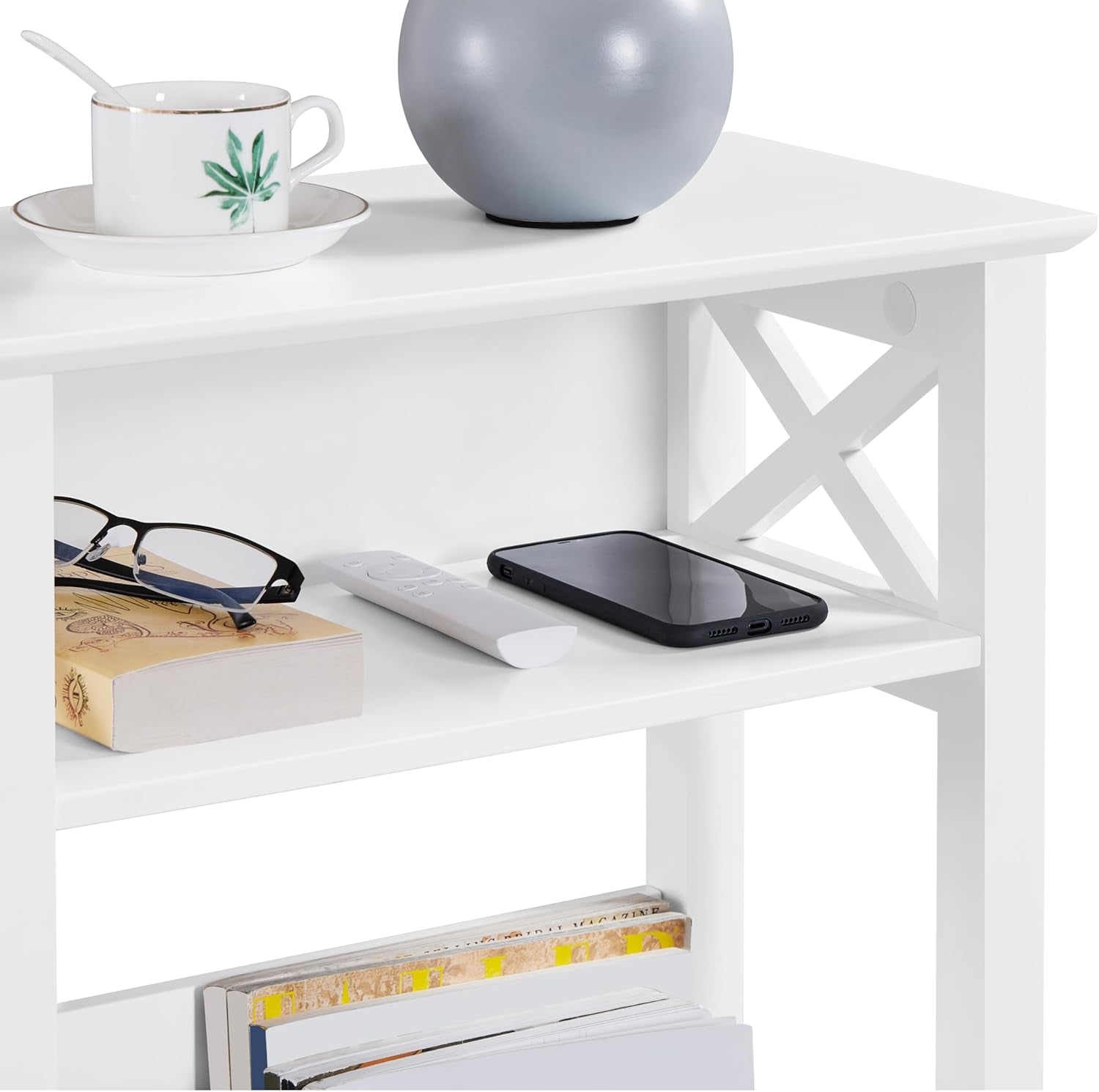 Small Side Table with Storage Shelf, 3-Tier Slim End Table with Magazine Rack, X Shaped Magazine Table for Living Room Home Office Balcony Small Spaces, Effortless Assembly, White