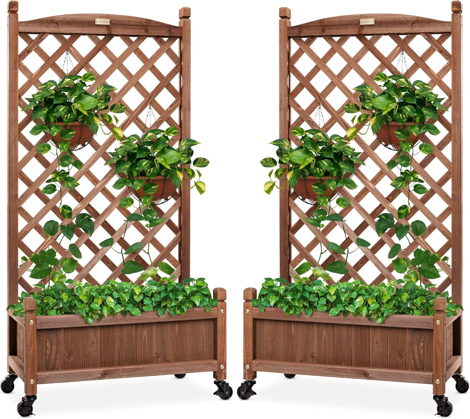 Set of 2 48In Wood Planter Box &amp; Diamond Lattice Trellis, Mobile Outdoor Raised Garden Bed for Climbing Plants W/Drainage Holes, Optional Wheels - Walnut