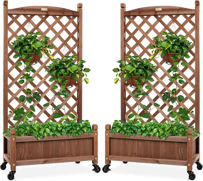 Set of 2 48In Wood Planter Box &amp; Diamond Lattice Trellis, Mobile Outdoor Raised Garden Bed for Climbing Plants W/Drainage Holes, Optional Wheels - Walnut