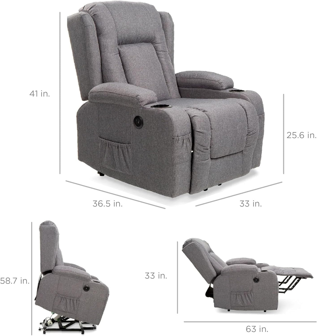 Modern Linen Electric Power Lift Chair, Recliner Massage Chair, Adjustable Furniture for Back, Legs W/ 3 Positions, USB Port, Heat, Cupholders, Easy-To-Reach Button - Gray