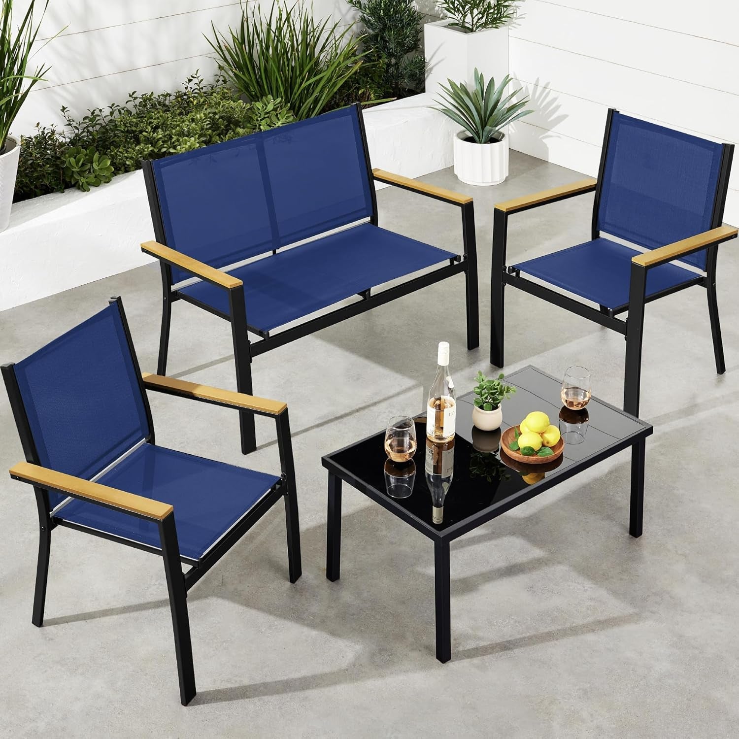 4-Piece Outdoor Textilene Patio Conversation Set, Backyard Furniture W/Loveseat, Coffee Table, Steel Frame - Taupe/Charcoal