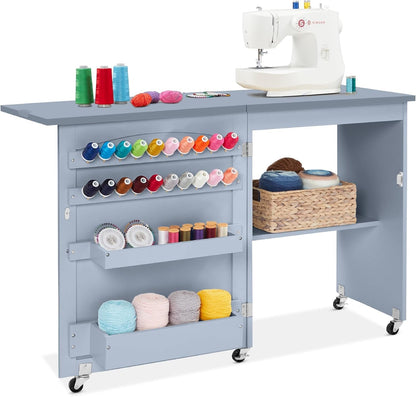 Folding Sewing Table Multipurpose Craft Station &amp; Side Desk with Compact Design, Wheels, Shelves, Storage Trays, Pegs, Magnetic Doors, Metal Doorknobs - White