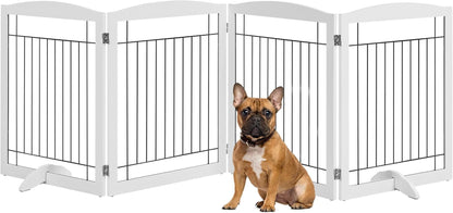 32-Inch Tall Dog Gate Extra Wide Pet Gate for Dogs Indoor Foldable Wire &amp; Wooden Puppy Safety Fence W/2 Support Feet,Freestanding Dog Gate for the House, Doorway, Stairs(White,4 Panels)