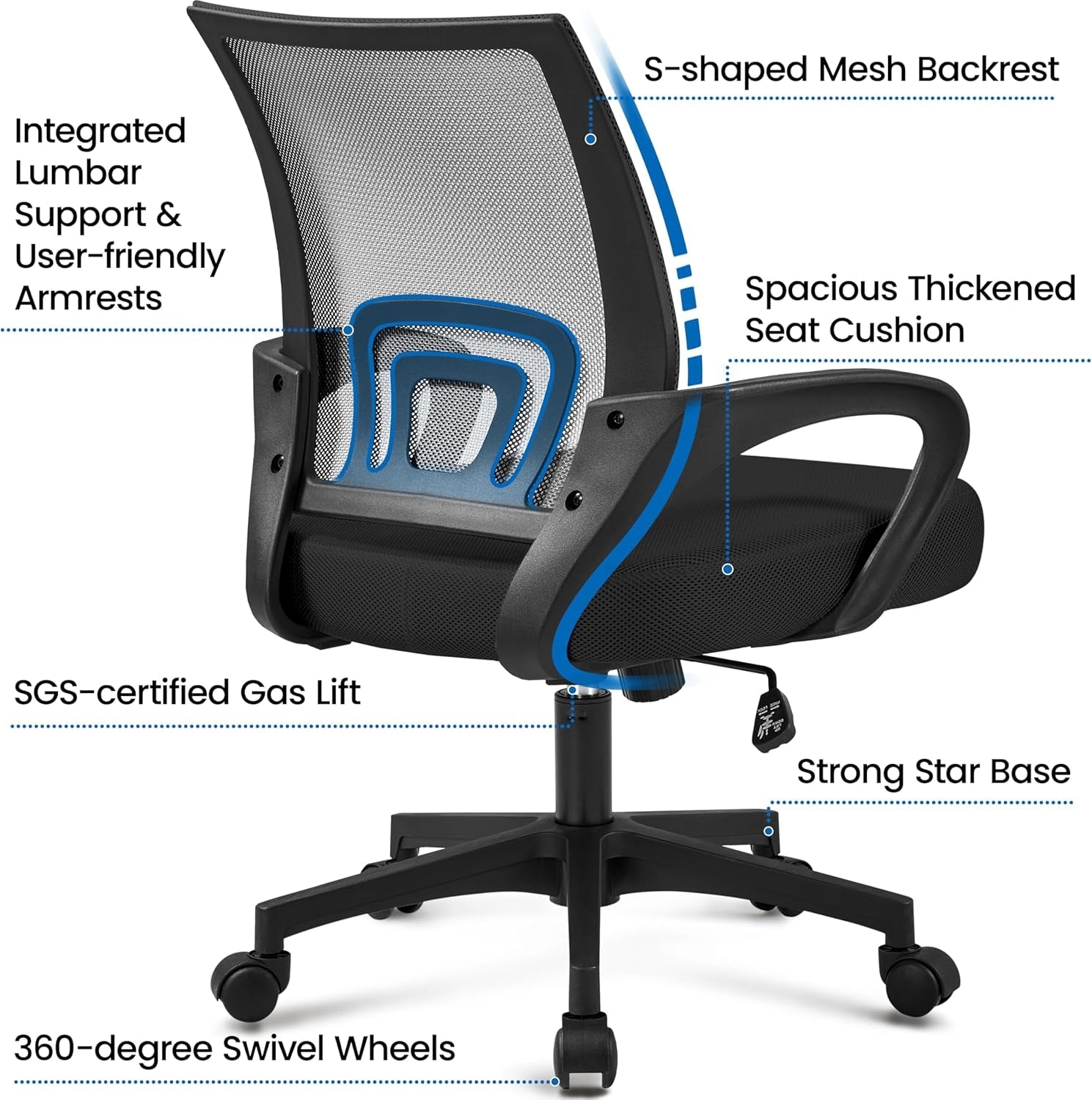 Office Chair Ergonomic Computer Chair Mid Back Adjustable Desk Chair with Lumbar Support Armrest, Swivel Rolling Mesh Task Gaming Chair for Home Office Work Study, Black