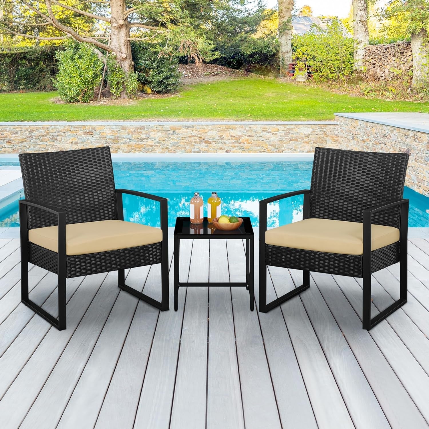 3 Pieces Rattan Bistro Set, Indoor/Outdoor Wicker Patio Modern Conversation Furniture, 2 Chairs &amp; Tempered Glass Coffee Table for Garden, Balcony, Backyard, Poolside, Black/Khaki