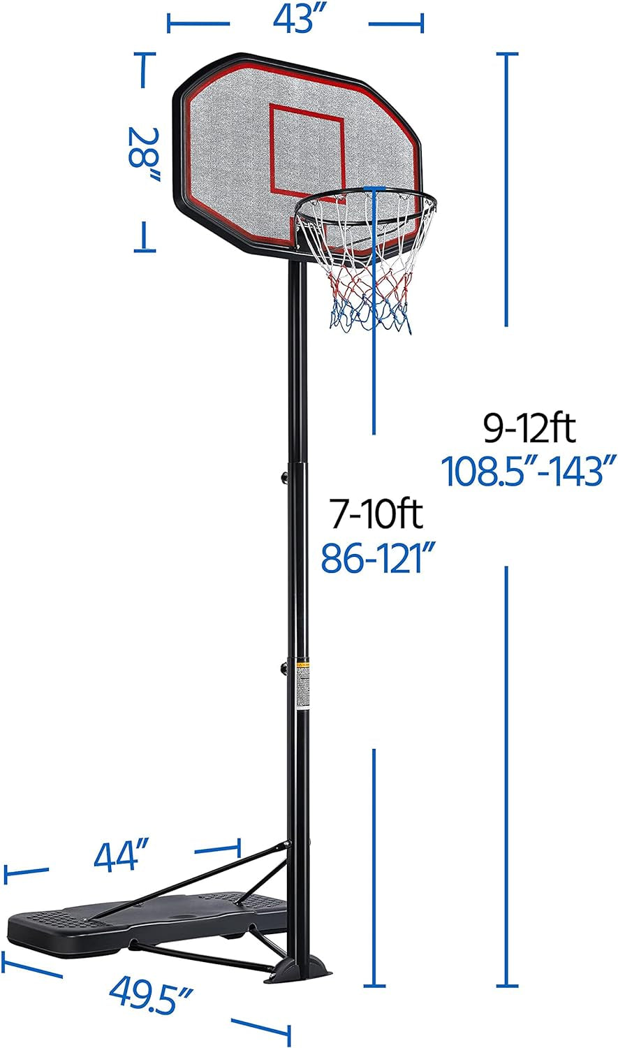 Basketball Hoop Outdoor for Adults Portable Basketball Hoop Basketball Goals Indoor 9-12Ft Height Adjustable Basketball Court Stand with 43 Inch Basketball Backboard