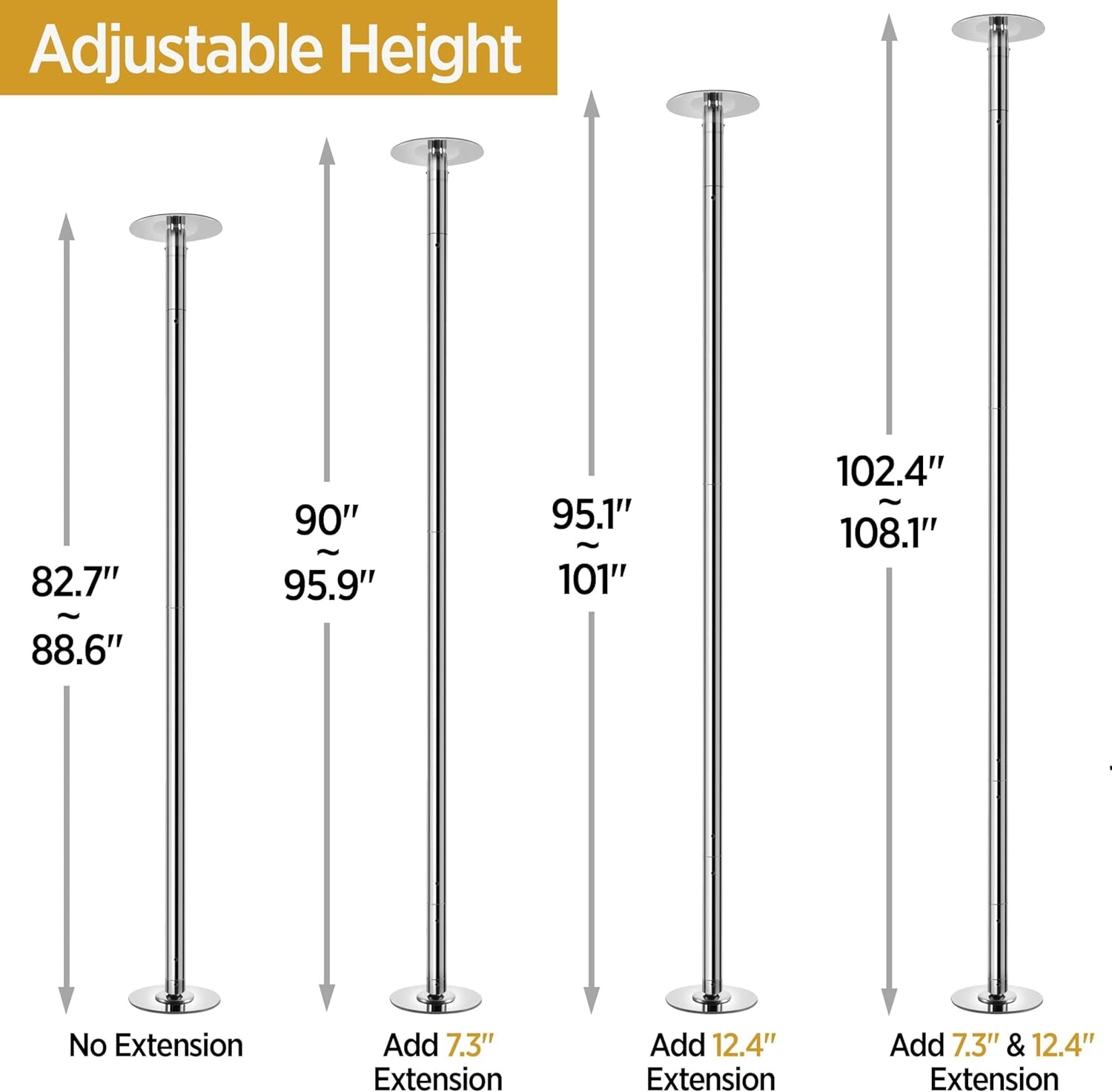 Dance Pole Portable Dancing Pole Height Adjustable 6.9Ft-9Ft Static Spinning Pole for Apartment, Silver/Argent