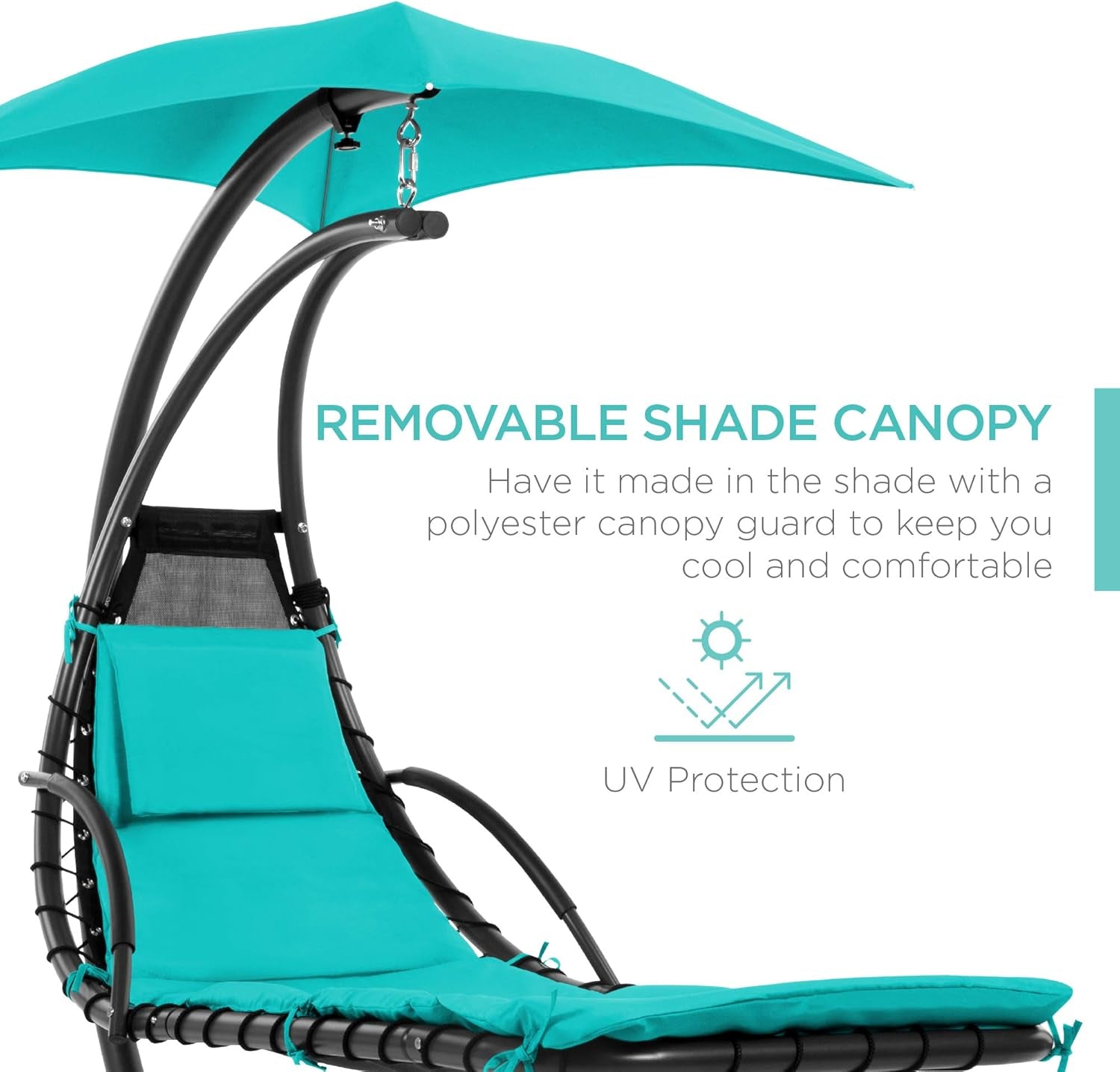 Outdoor Hanging Curved Steel Chaise Lounge Chair Swing W/Built-In Pillow and Removable Canopy - Teal