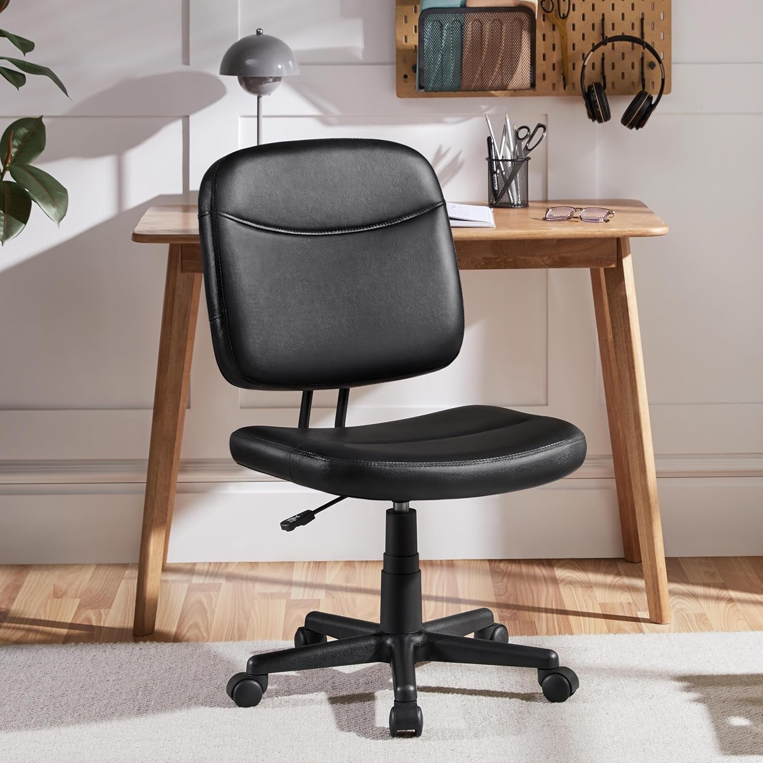 Armless Office Chair Ergonomic Desk Chair Low Back PU Leather Adjustable Swivel Chair Computer Task Chair, Black