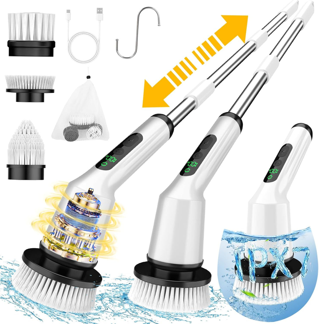 Electric Spin Scrubber for Cleaning Bathroom, Shower Scrubber Cordless Cleaning Brush with IPX7 Waterproof &amp; 2 Speed, 3 Brush Heads, Bathroom Cleaning Supplies for Shower Tub Kitchen Tile Toilet White