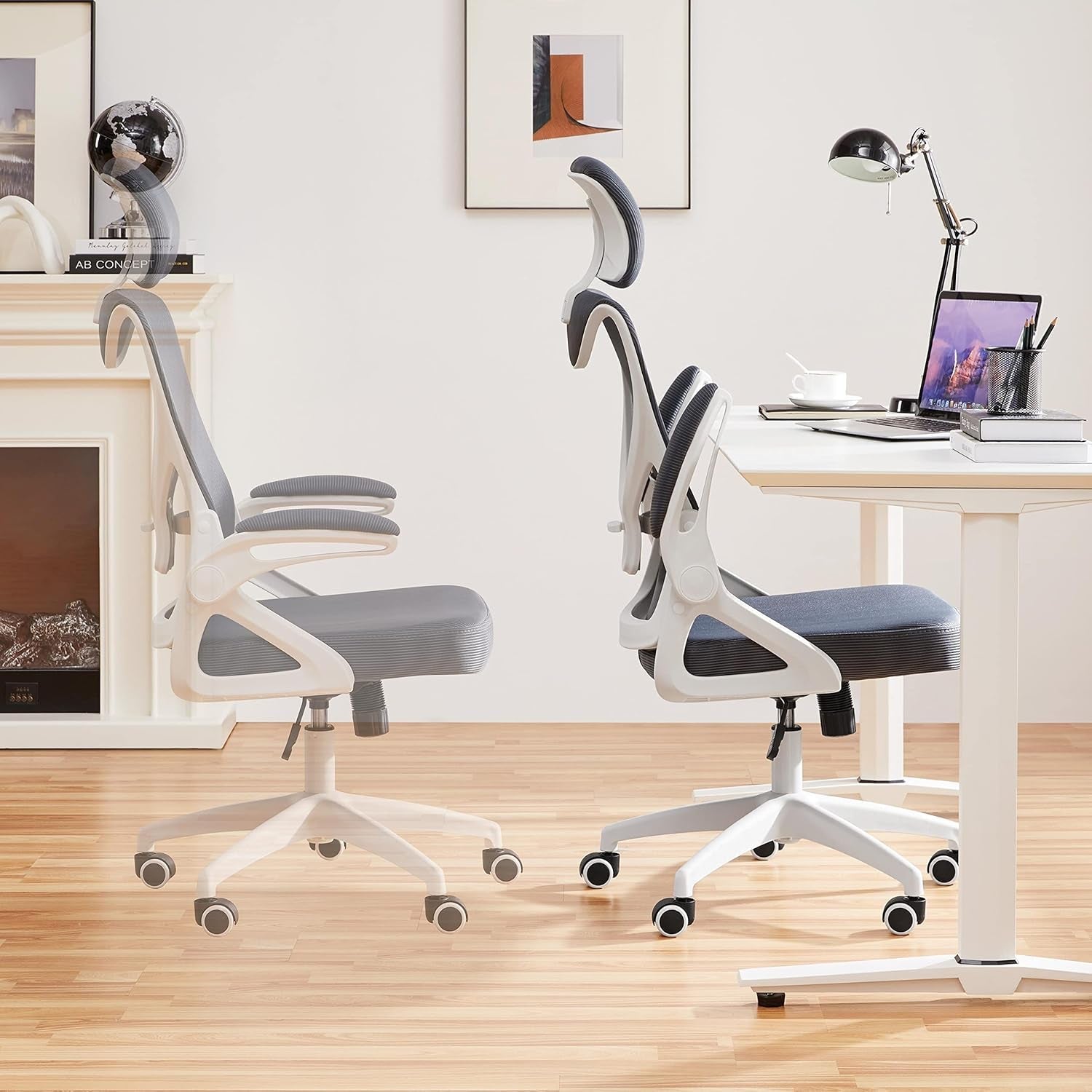 Ergonomic Mesh Office Chair, High Back Desk Chair with with Flip-Up Armrests, Adjustable Padded Headrest Computer Chair with Lumbar Support for Home Oiffce Game Room, White/Gray