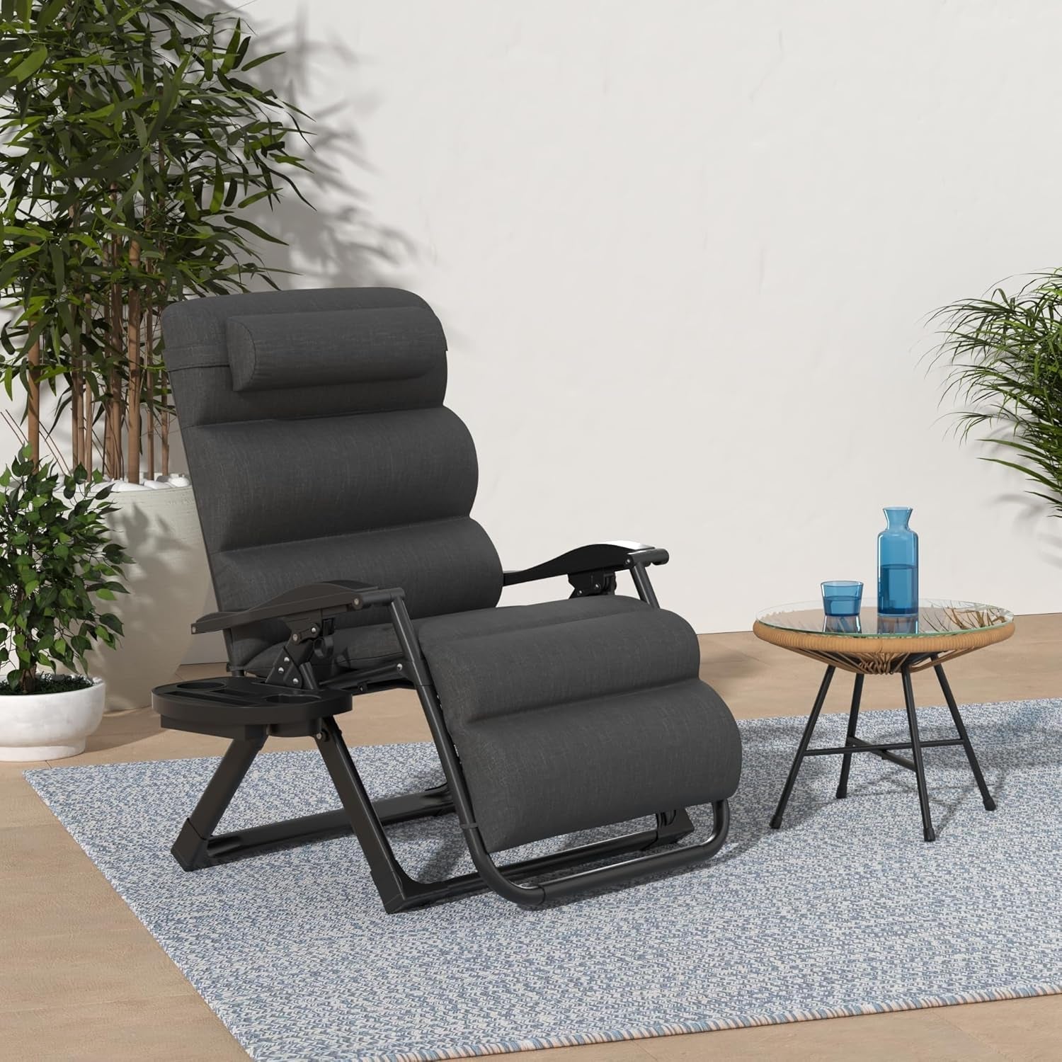 Oversized Zero Gravity Chair, Folding Outdoor Patio Recliner, XL anti Gravity Lounger W/Removable Cushion, Cup Holder, Side Tray, 350Lb Capacity - Fossil Gray