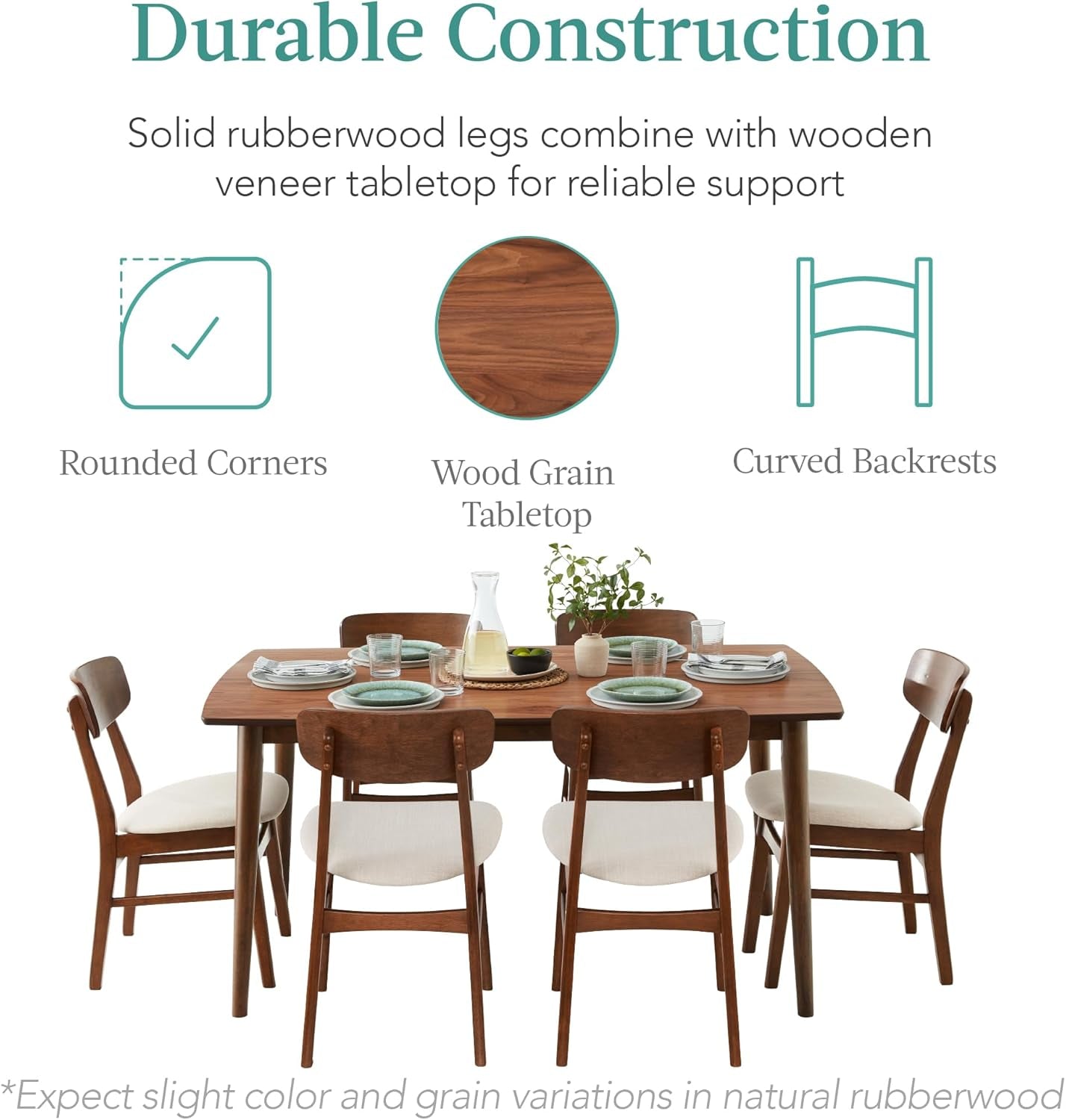 7-Piece Wooden Dining Set, Mid-Century Modern Table &amp; Upholstered Chair Set W/ 6 Chairs, Rubberwood Legs - Walnut/Cream