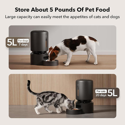 Automatic Cat Feeder, 5G Wifi Automatic Dog Feeder with Freshness Preservation, 5L Timed Cat Feeder with Low Food Sensor, up to 10 Meals per Day, Granary Pet Feeder for Cats, Black