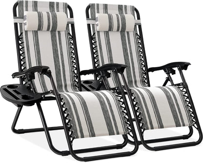 Set of 2 Adjustable Steel Mesh Zero Gravity Lounge Chair Recliners W/Pillows and Cup Holder Trays - Black