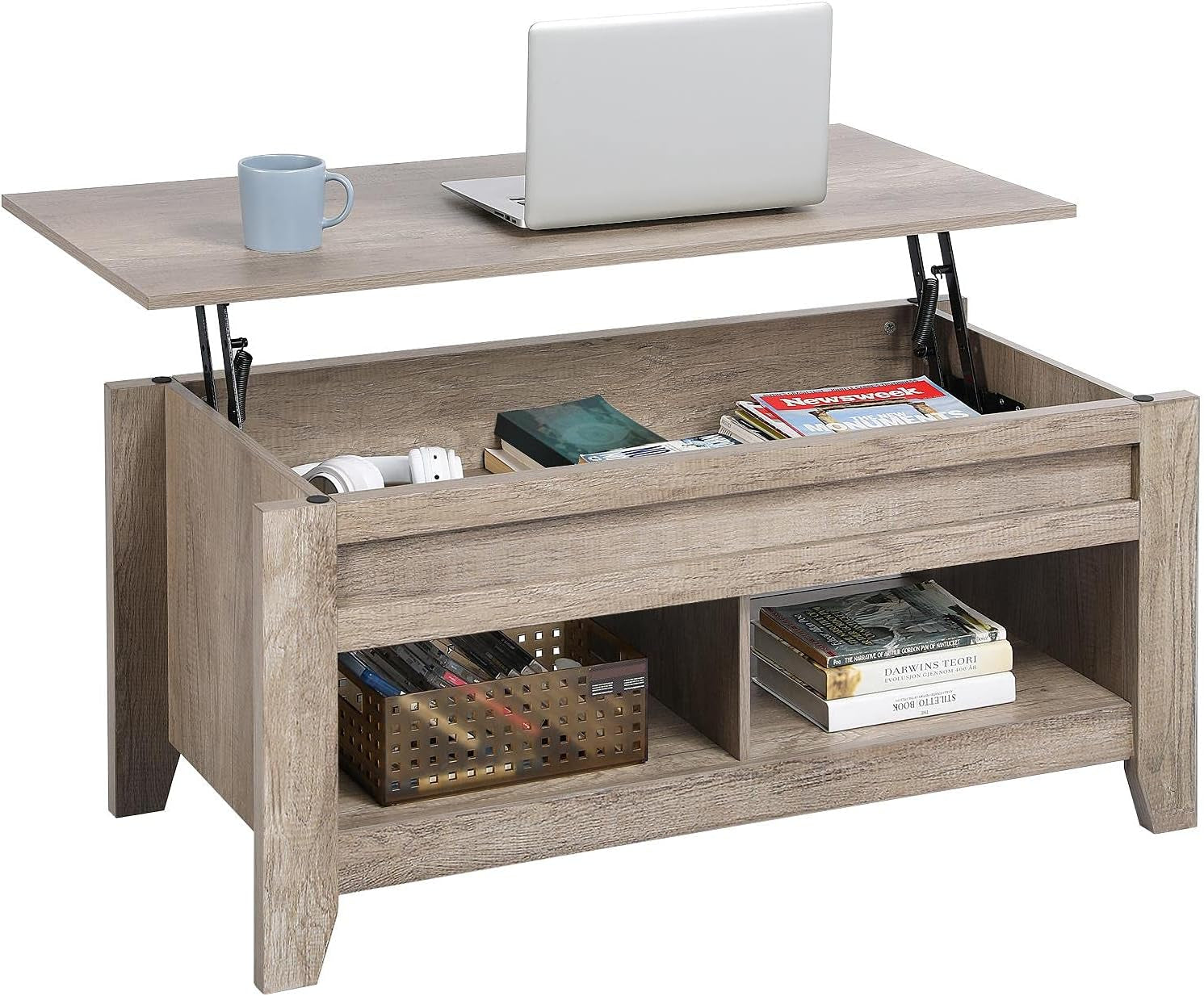 Lift Top Coffee Table with Hidden Storage Compartment &amp; Lower Shelf, Lift Tabletop Farmhouse Table for Living Room Office Reception, 47.5In L, Gray