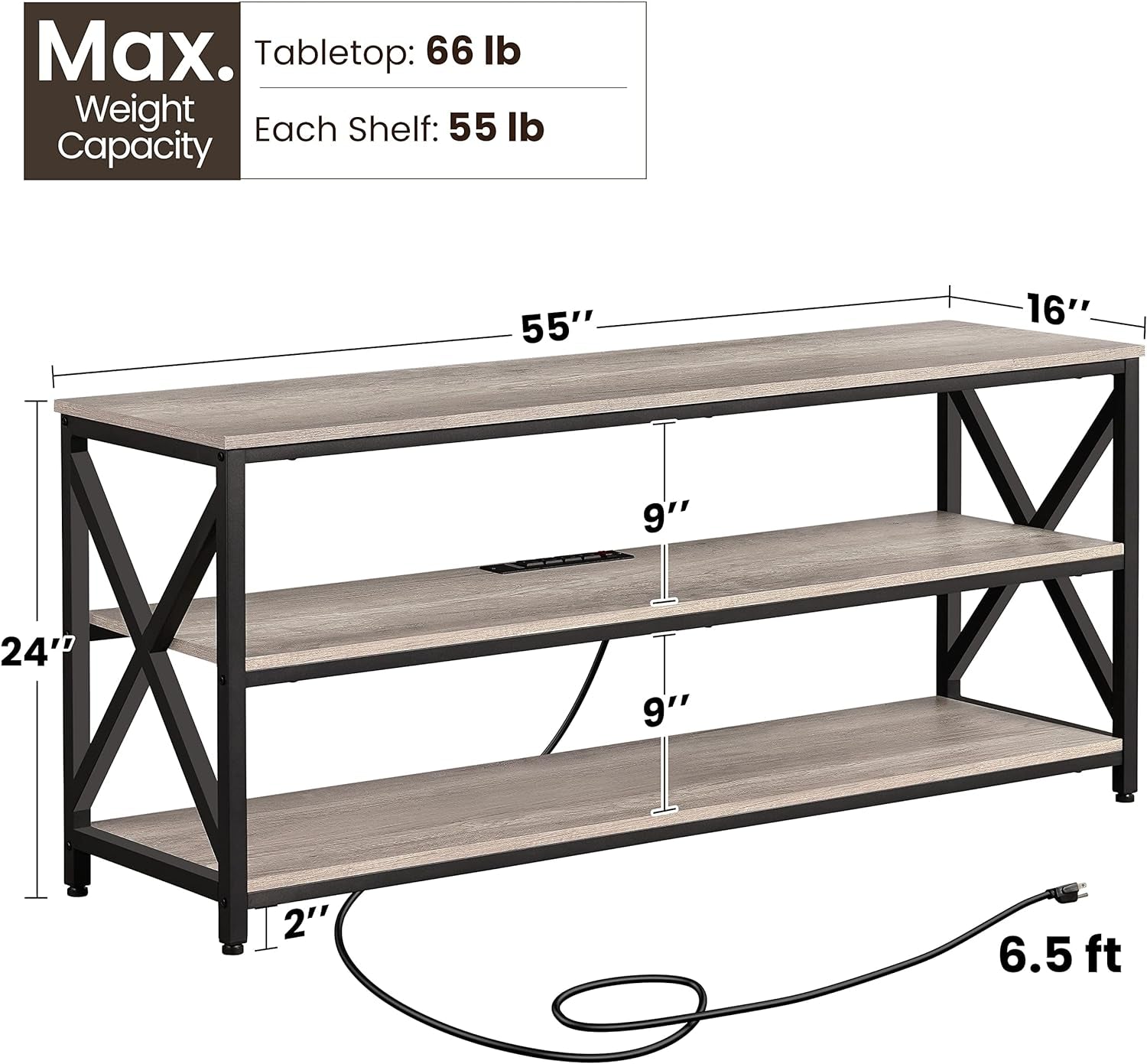 TV Stand for TV up to 65 Inch, Media Entertainment Center with Power Outlets &amp; 3 Tier Storage Shelves, 55 Inches TV Console Table for Living Room, Bedroom, Gray