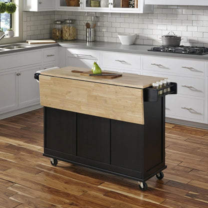 Dolly Madison Kitchen Cart with Wood Top and Drop Leaf Breakfast Bar, Rolling Mobile Kitchen Island with Storage and Towel Rack, 54 Inch Width, Black