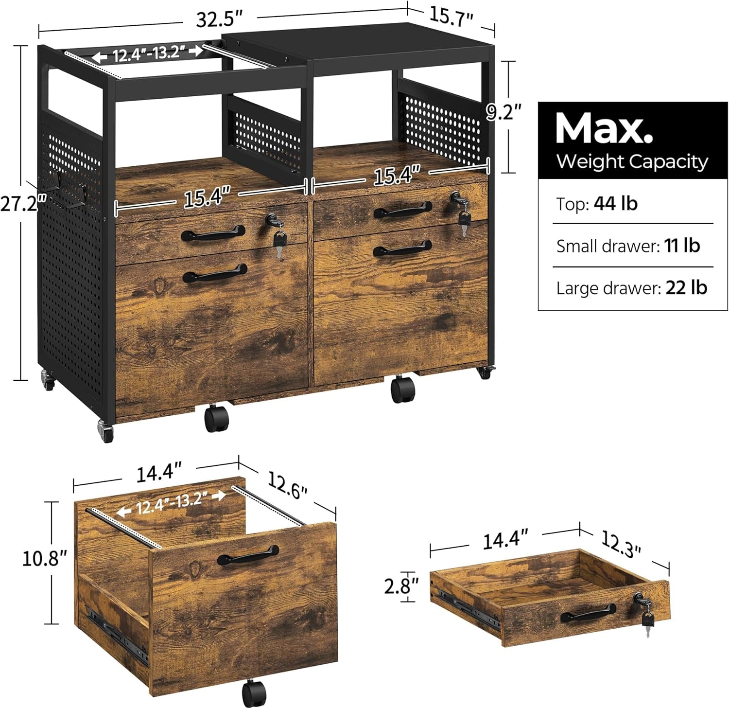 Lateral File Cabinet Mobile Filing Cabinets Printer Stand with Drawers, 2 Open Compartments&amp; Hooks, for Home Office, Rustic Brown