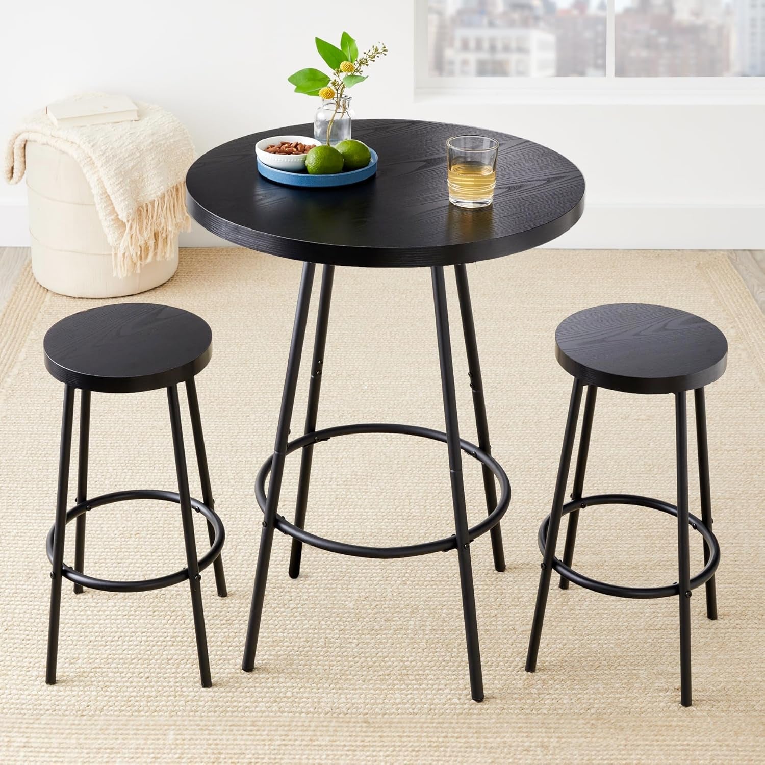 Bistro Dining Set 3 Piece, Modern round Counter Height Pub Table, Compact High Top with Bar Stools Pub Dining Set for Kitchen, Breakfast Room - Black