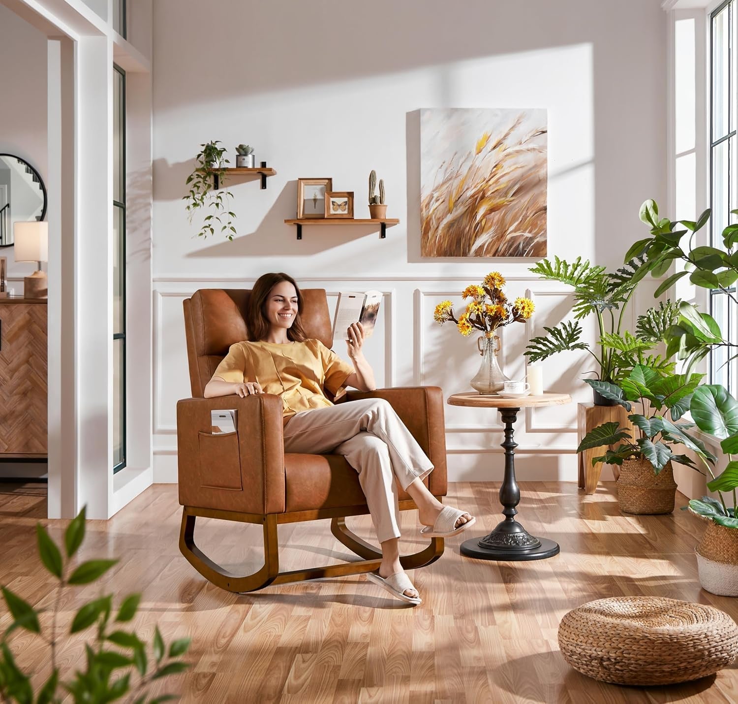 Rocking Chair, Leather Nursery Glider Chair, Upholstered Accent Chair with Rubber Wood Legs and Side Pockets, High Back Armchair for Living Room, Bedroom, Brown