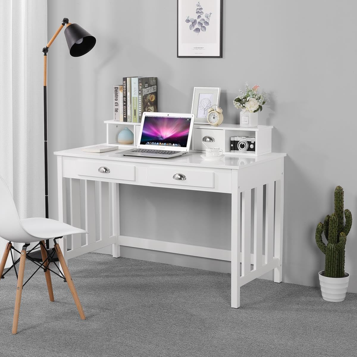 47 Inch Large Computer Desk, White Home Office Desk with 4 Storage Drawers, Modern PC Work Table Desk 23 Deep with Monitor Stand for Screen, Wood Stable Executive Table with Large Desktop