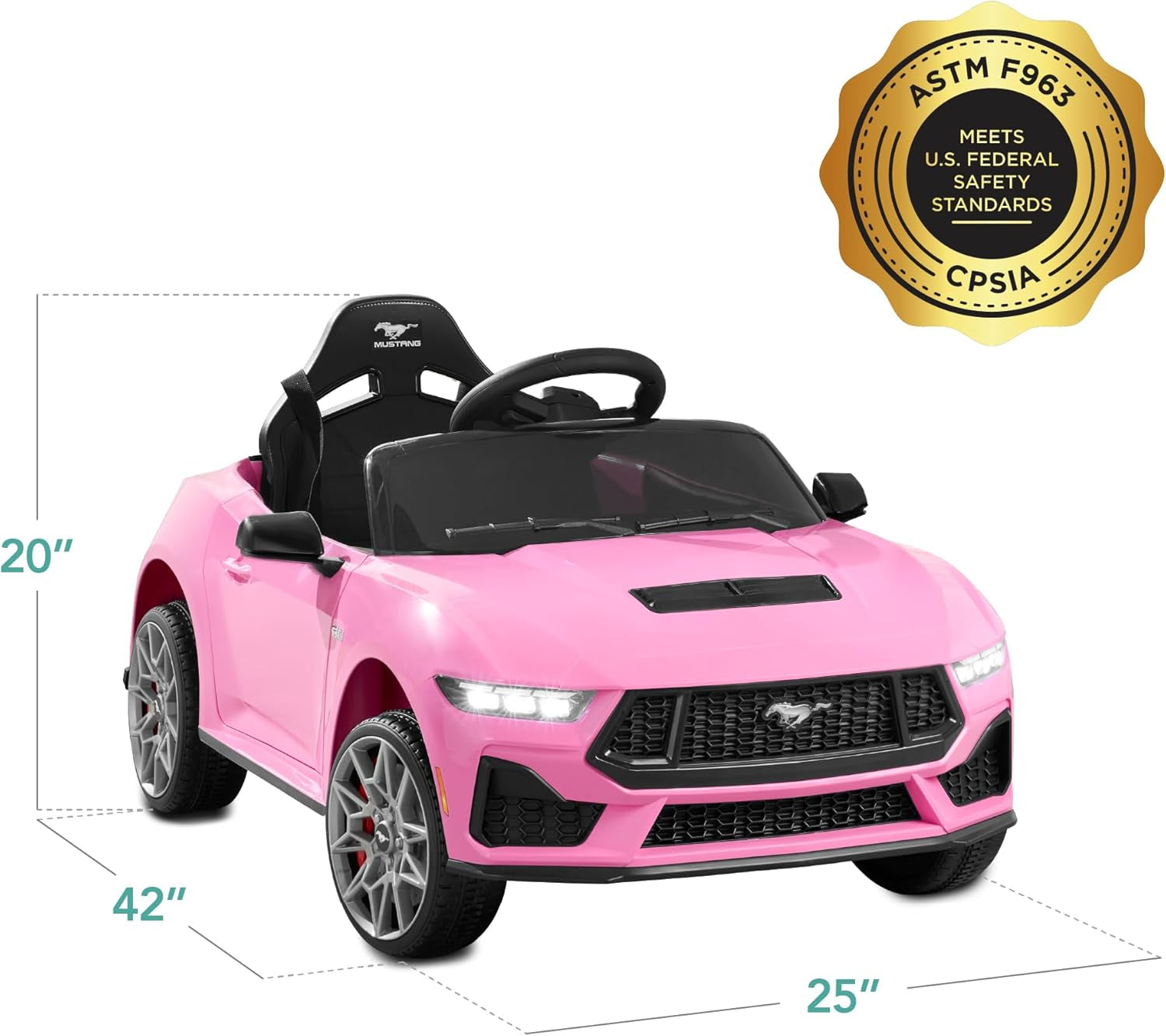 Kids 12V Electric Ride on Car Officially Licensed Ford Mustang W/Parent Control, LED Lights, 2 Speeds, Bluetooth - Pink